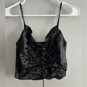 Black Satin Lace-Up Cami Top